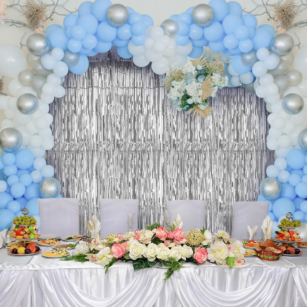 Accevo Silver Party Streamers 3Pack Metallic Tinsel Foil Fringe Curtains 3.2ft x 8.2ft Party Decorations for Photo Booth Photoshoot Birthday Bridal Shower Engagement Bachelorette Disco Party Decor