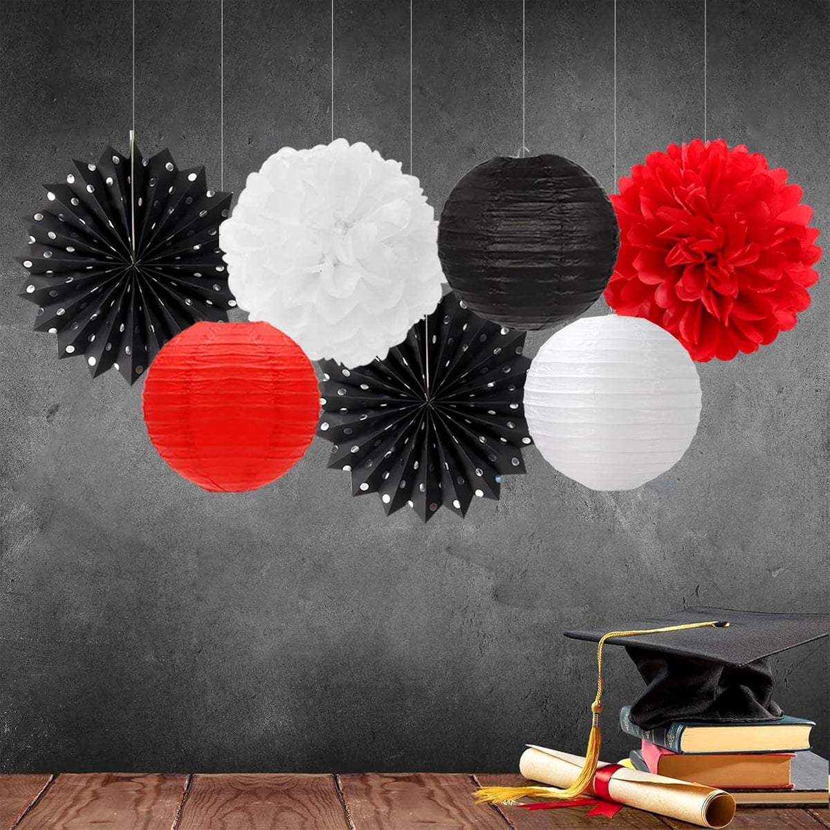 Black White-Red Party-Decorations Streamers Lanterns - 14pcs Birthday Graduation 2025 Paper Honeycomb Fan,Tissue Pom Poms,Men Women Wedding Baby Shower Backdrop Supplies Decor Ouruola