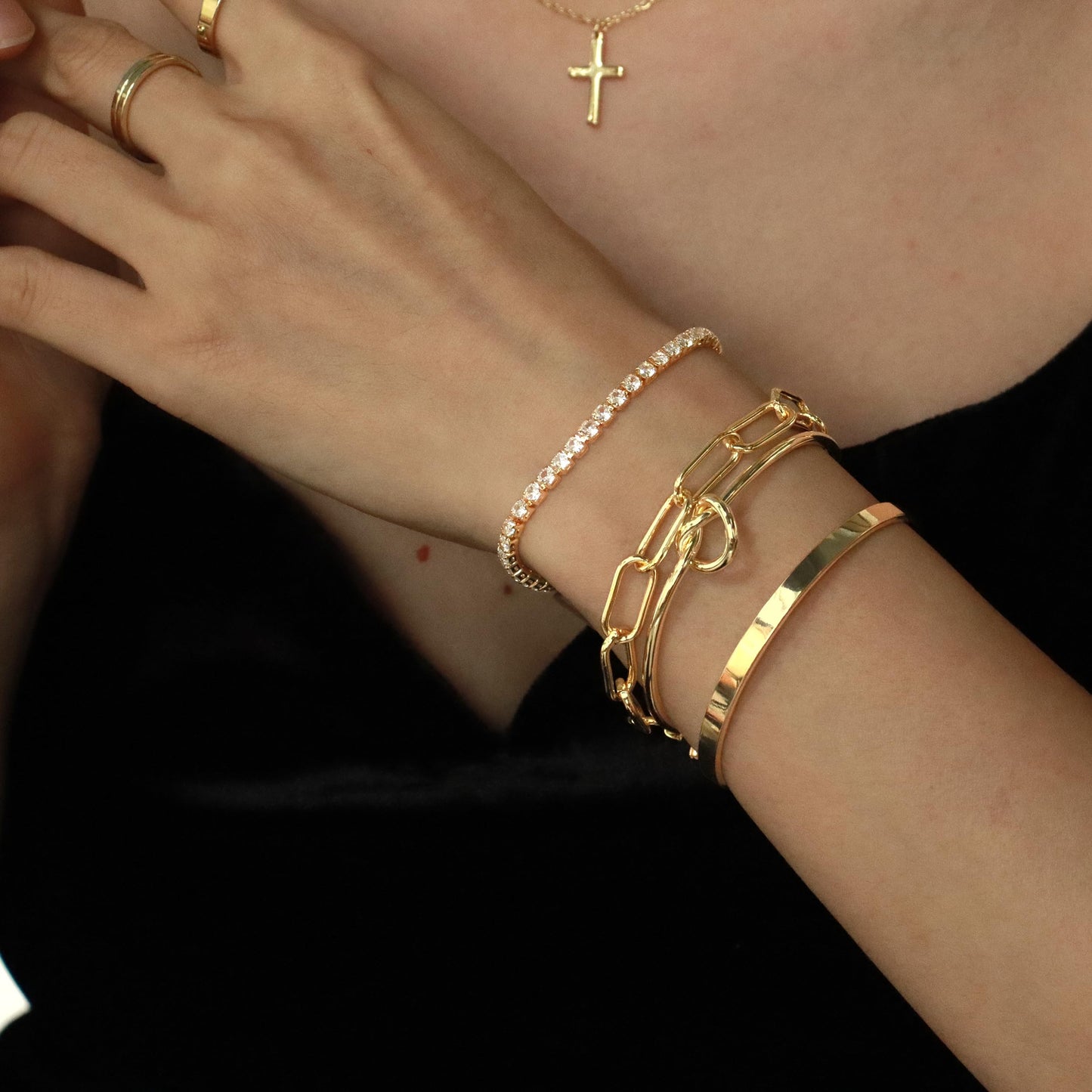 Zalcon Dainty Gold Bangle Cuff Bracelet Set for Women Tennis Bracelets for Women Paperclip Chain Jewelry for Women