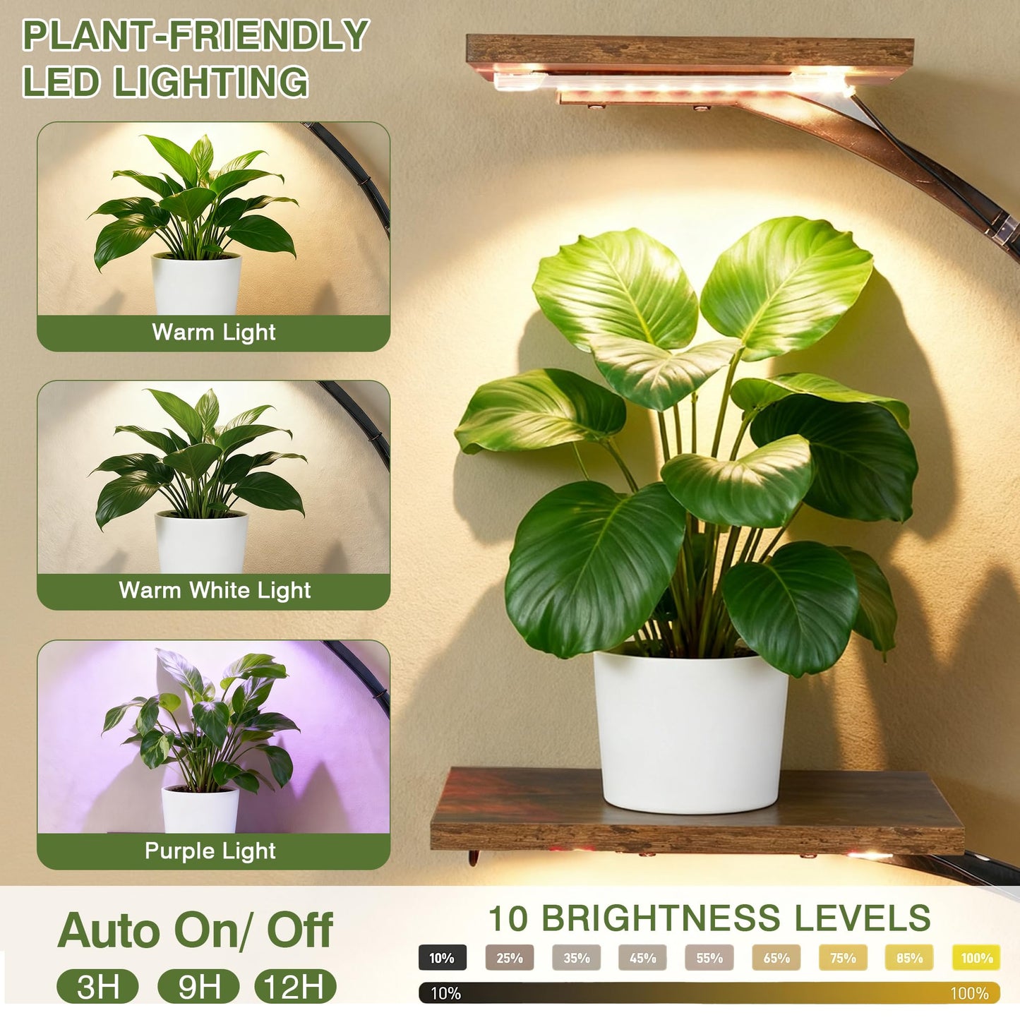 VECELO Plant Stand with LED Light, 10-Tier Indoor Plant Shelf with Supplemental Lighting, Metal Frame & Wood Shelves with Hanging Hooks, Space-Saving Plant Rack for Living Room or Corner Display