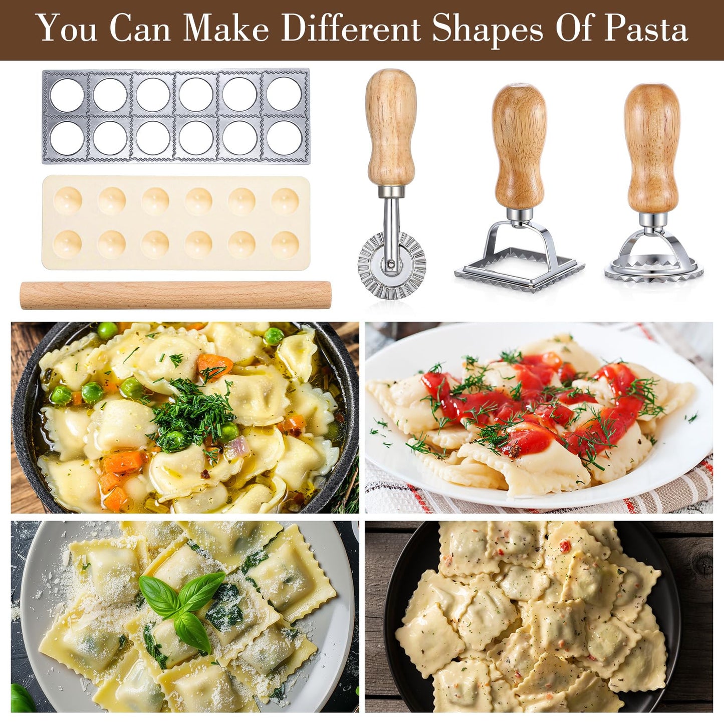 Kegeeei 5 Pcs Ravioli Mold Set, Ravioli Maker Cutter with 12 Holes Ravioli Press, 3 Shape Cutters & Wood Rolling Pin for Pasta, Dumpling, Meat Pie Making - Complete Kitchen Tool Kit