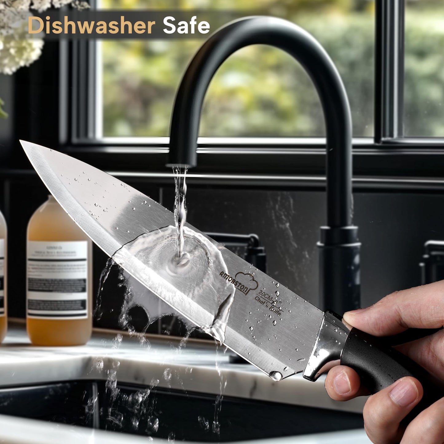 Knife Set, Amorston 14-Piece Kitchen Knives Set with Block & Sharpening Stone, Stainless Steel Dishwasher Safe, Knife Block Set with Ergonomic Handle, Professional Kitchen Knives for Home Cooking