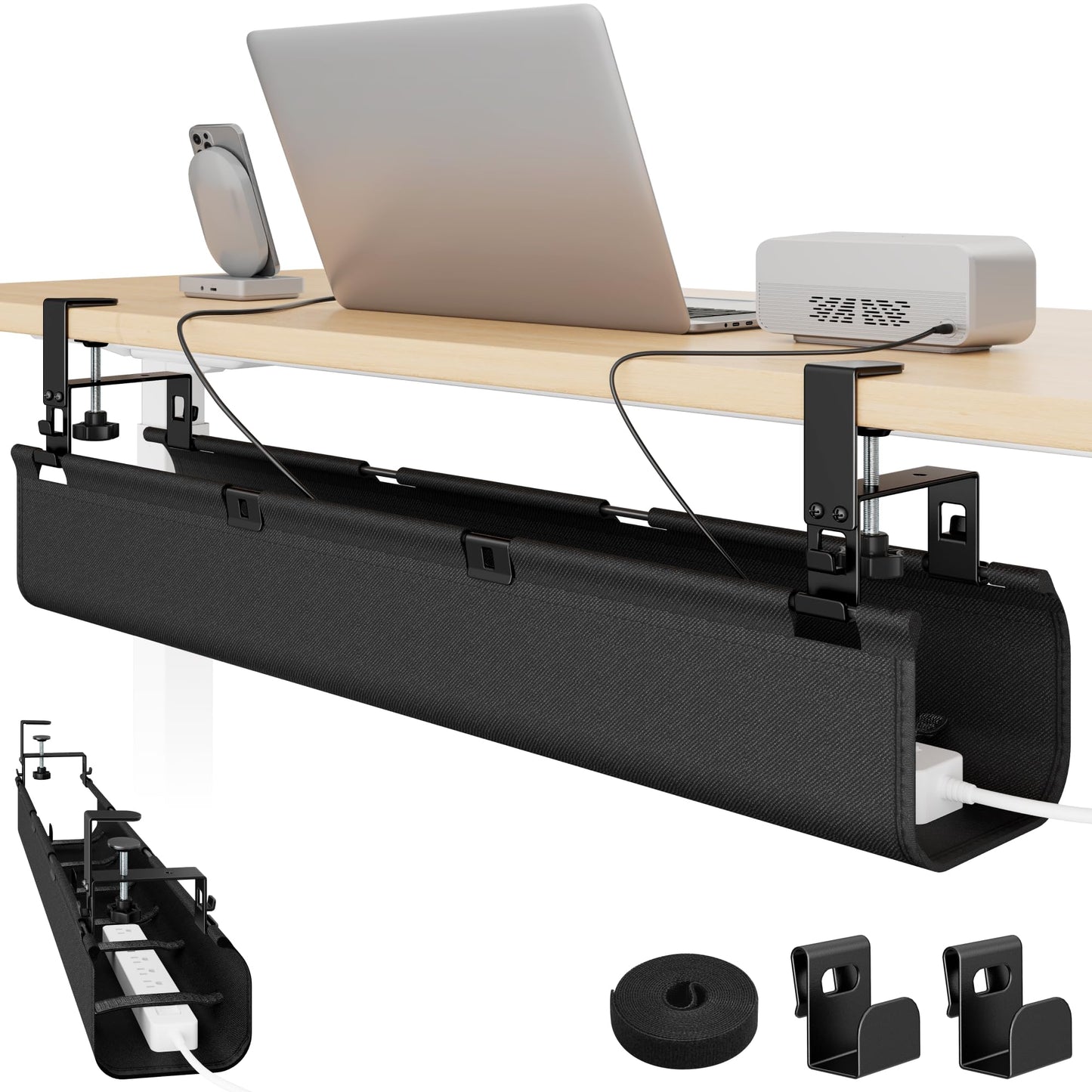PEGZONE No Drill Under Desk Cable Management Tray, 31.5" Cord Management Under Desk for Table, Clamp Mount Desk Cable Management, Premium Fabric Wire Management Tray for Office, Home