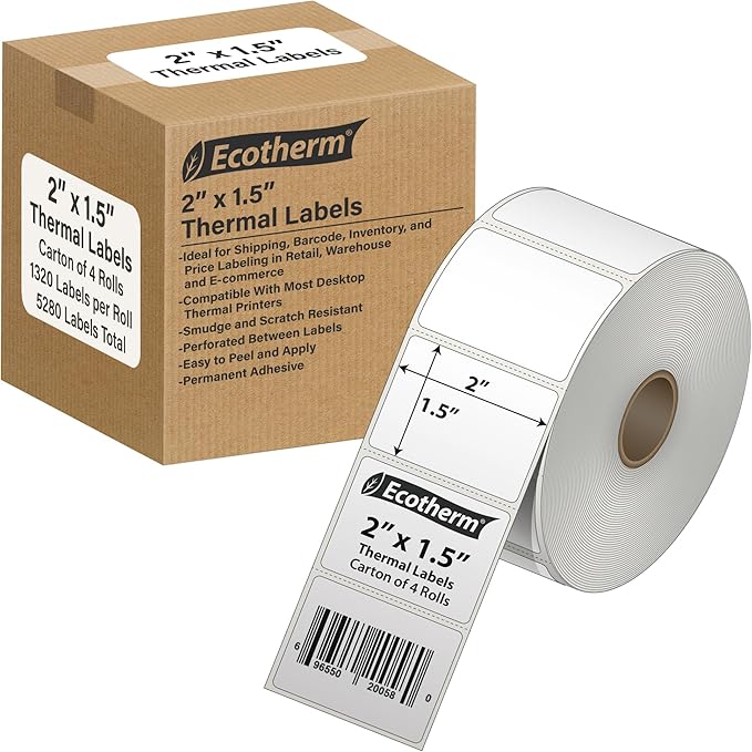2" x 1.5" Thermal Labels | 4 Rolls | 5280 Labels | fits Zebra, Munbyn, Rollo, Godex, Arkscan, iDPRT, Offnova Thermal Label Printers and More | Blank White Adhesive Stickers by Ecotherm