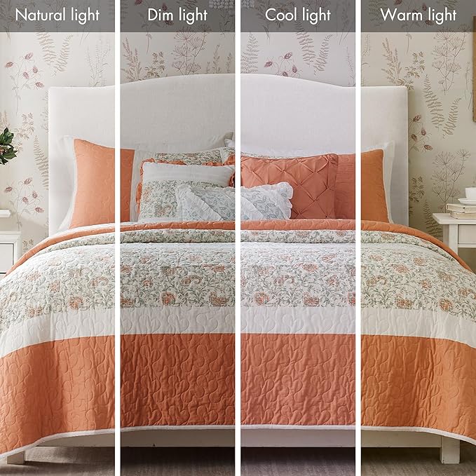 Madison Park 100% Cotton Quilt Set Floral Print, Double Sided Stitching, All Season, Lightweight Coverlet Shabby Chic Bedding Layer, Matching Shams, King/Cal King, Coral 6 Piece