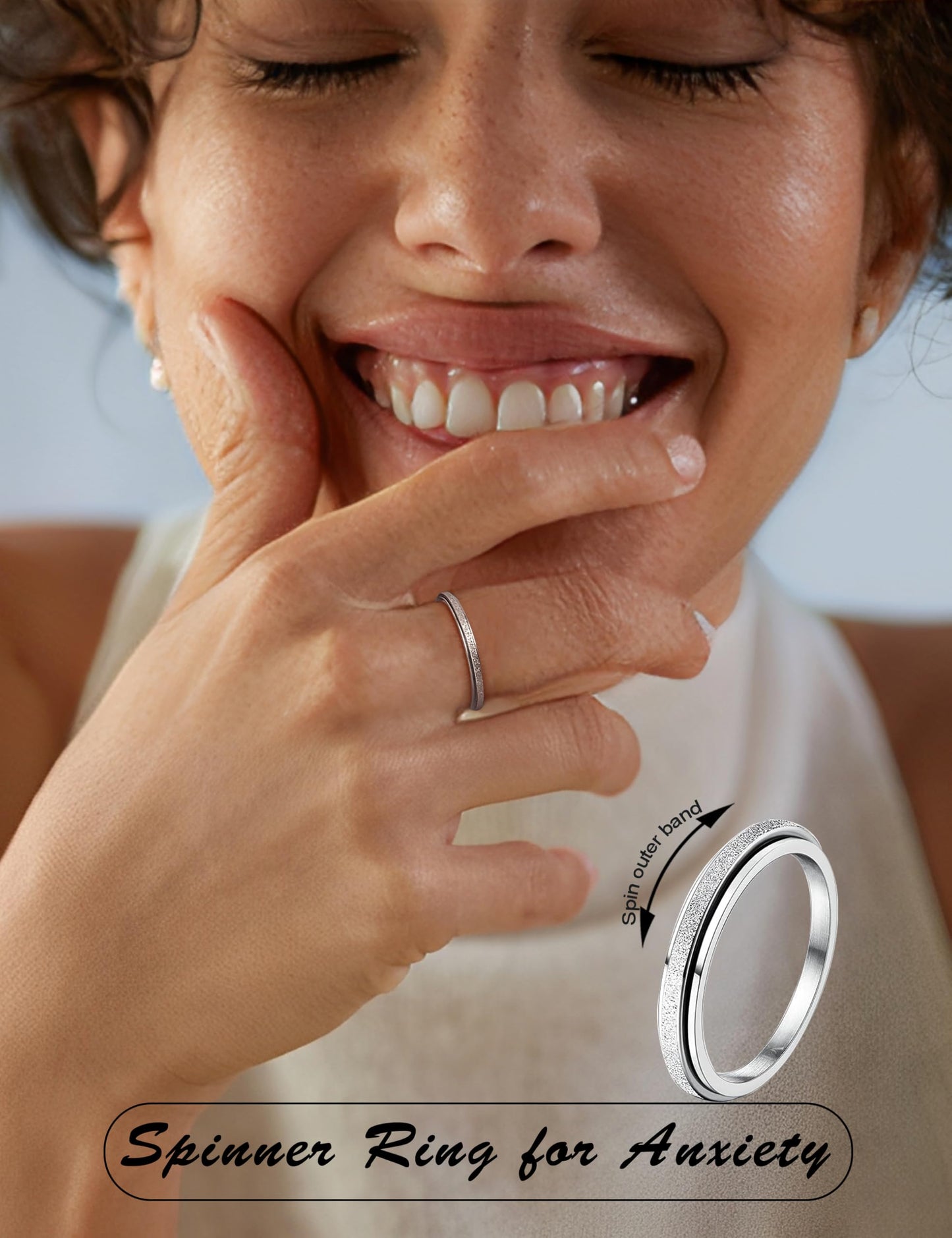 Diamday Fidget Rings for Women Men - 2mm Silver Spinner Stainless Steel Ring for Anxiety Stress Relief Glitter Sandblast Spinning Figit Anxiety Jewelry for Wedding Promise Size 8