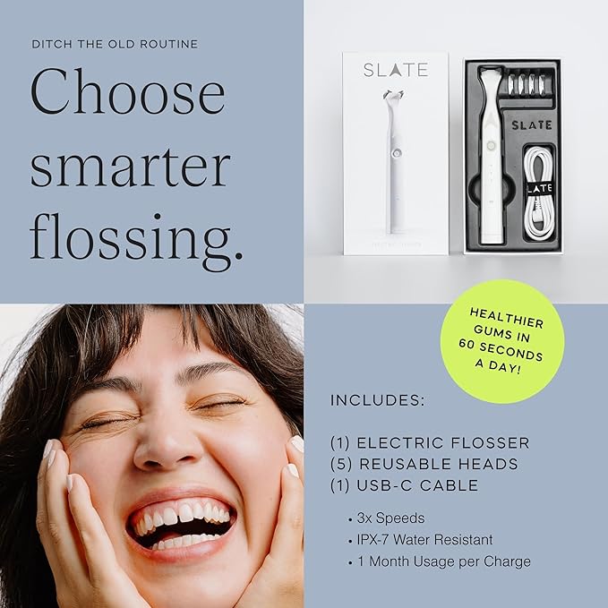 Slate Electric Flosser - Orthodontic Set | 3-in-1 Dentist-Invented with Reusable Floss Heads, Gum Brushes & Tongue Scraper | More Effective Than String or Water Floss
