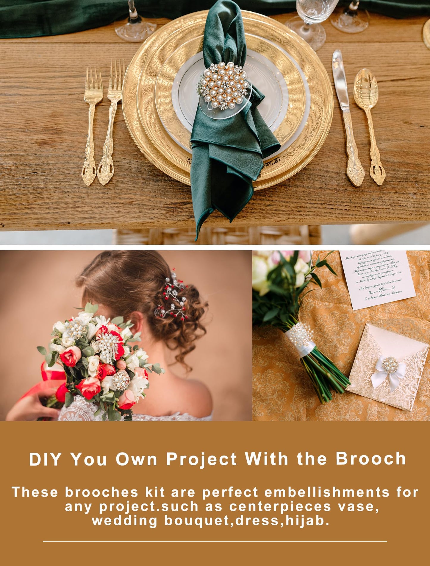 Achairder 9 Pack Gold Crystal Rhinestone Flower Brooch Pin Set for DIY Wedding Party Bouquets Embellishment Crafts Decor