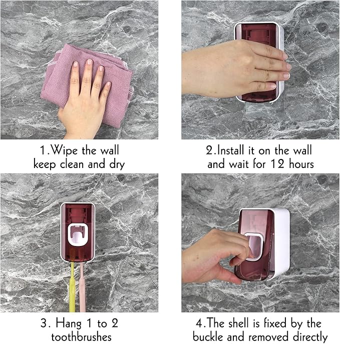 2 Slot Toothbrush Holder and Toothpaste Dispenser Wall Mounted, Automatic Toothpaste Squeezer, 2 in 1 Tooth Brush Toothpaste Organizer for Shower (Red 2Pack)