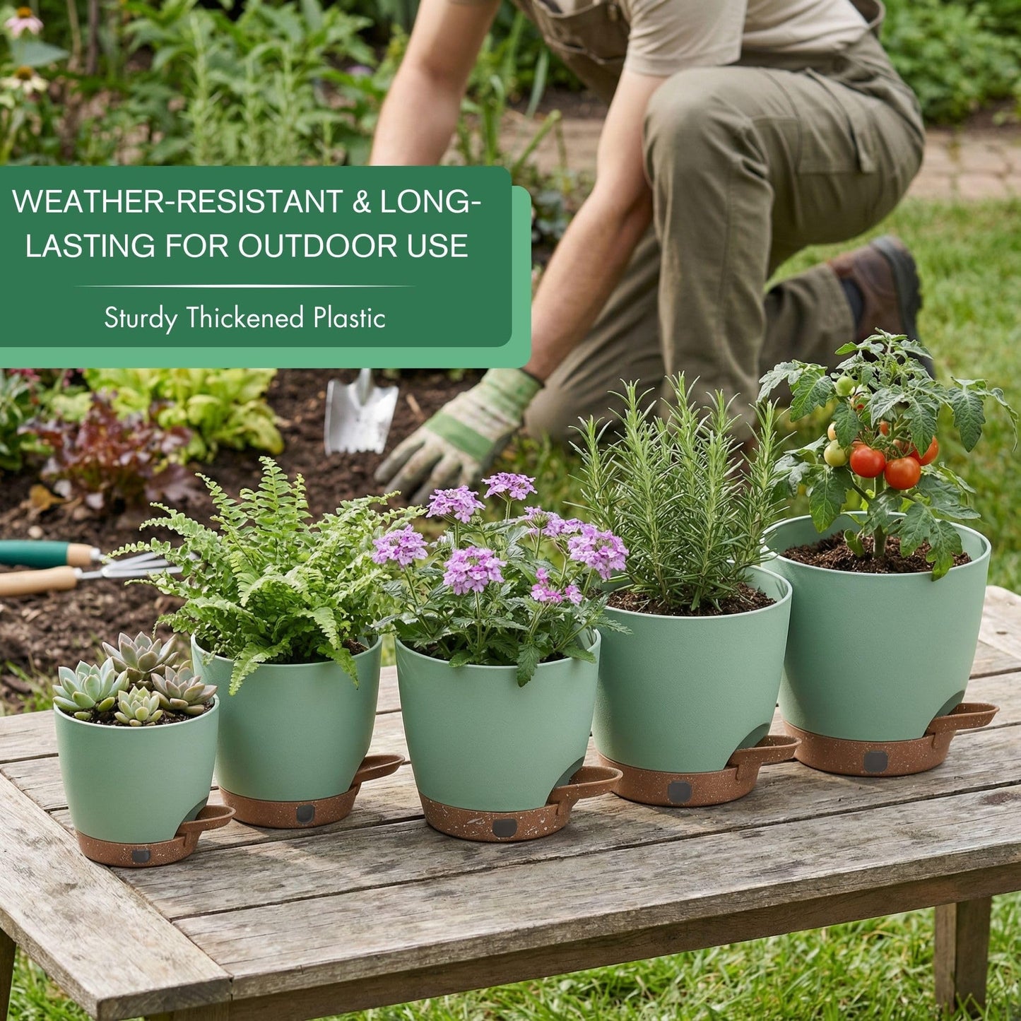 montresor 5 Pack Green 5/5.5/6/6.5/7 Inch Self Watering Planters for Outdoor, Plastic Plant Pots with Wick & Drainage, Small to Medium Indoor Pots for Snake Plant, Aloe