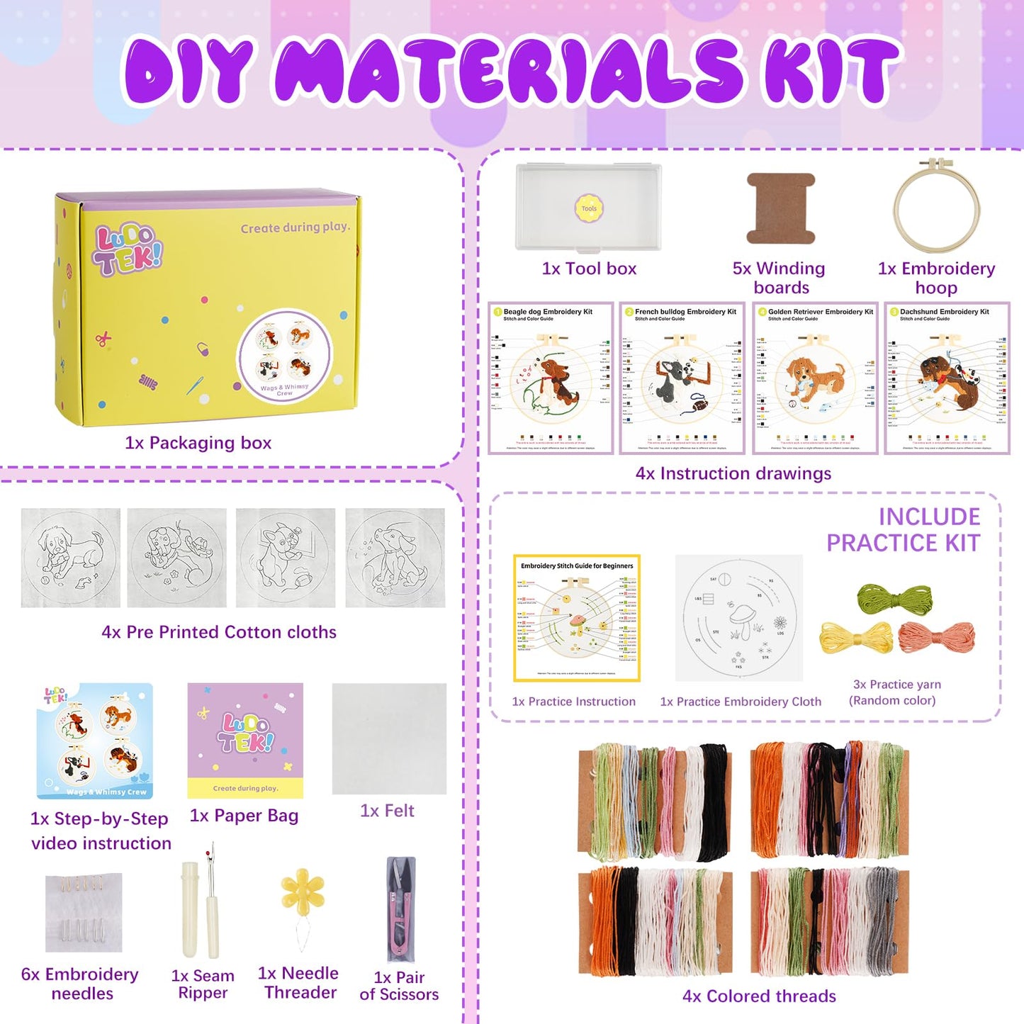 4 Pack Beginner Embroidery Kits for Adults DIY Starter Kit with,cross stitch kits for beginners,Stamped Patterns,Embroidery Hoop,Colorful Threads,Tools,Step by Step Instructions & Video Tutorial