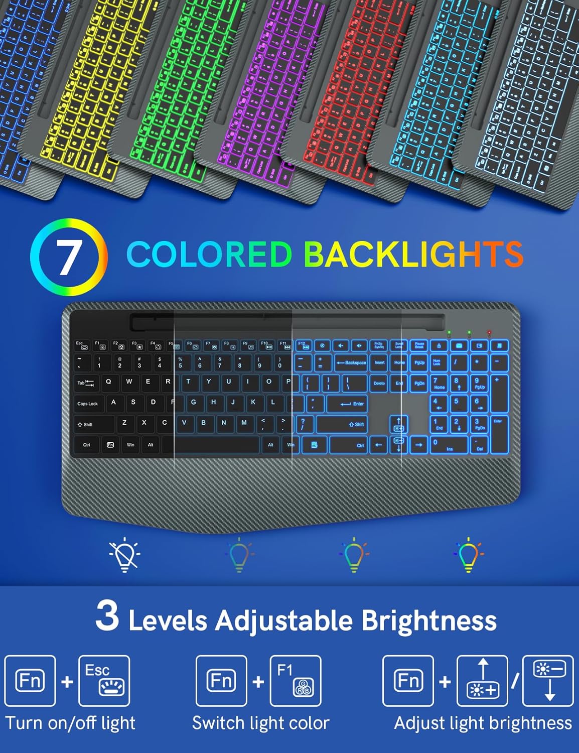 Wireless Keyboard with 7 Colored Backlit, Wrist Rest, Phone Holder, Rechargeable Ergonomic Computer Keyboard with Silent Key, Full Size Lighted Keyboard for Windows, MacBook, PC, Laptop (Gray)