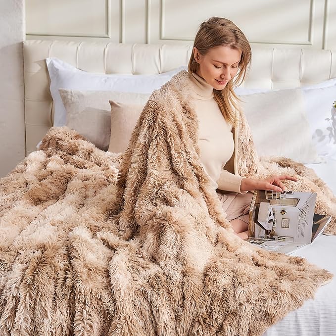 GONAAP Fuzzy Faux Fur Throw Blanket Queen Size Tie-dye Beige Super Soft Cozy Plush Fuzzy Shaggy Blanket for Couch Sofa Bed (Tie-dye Beige, Queen(90"x90"))