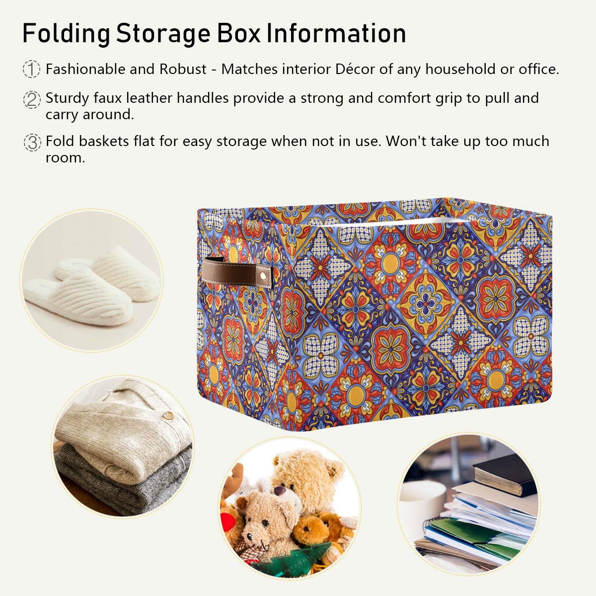 KEEPREAL Foldable Storage Baskets, Mexican Ceramic Tile Pattern Storage Bins with Handles, Decorative Cloth Organizer Storage Boxes for Home|Office 15 x 11 x 9.5 in