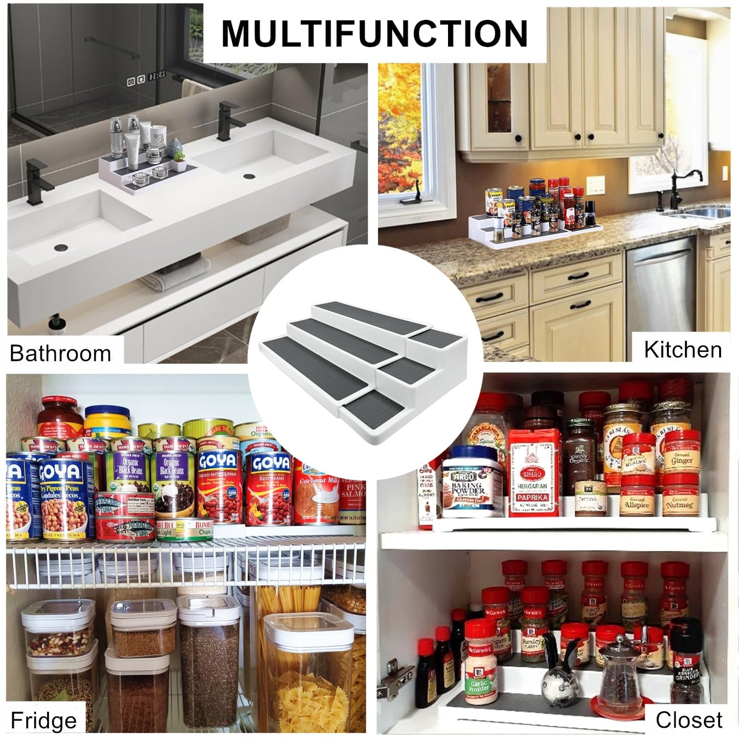 CiWiVOKi 3 Tier Expandable Spice Rack Organizer, White/Grey Plastic Spice Rack, Adjustable Length 14.6In-25.8In, 2 Pack Non-Skid Tiered Spice Shelf Organizer for Kitchen Cabinet, Cupboard, Pantry