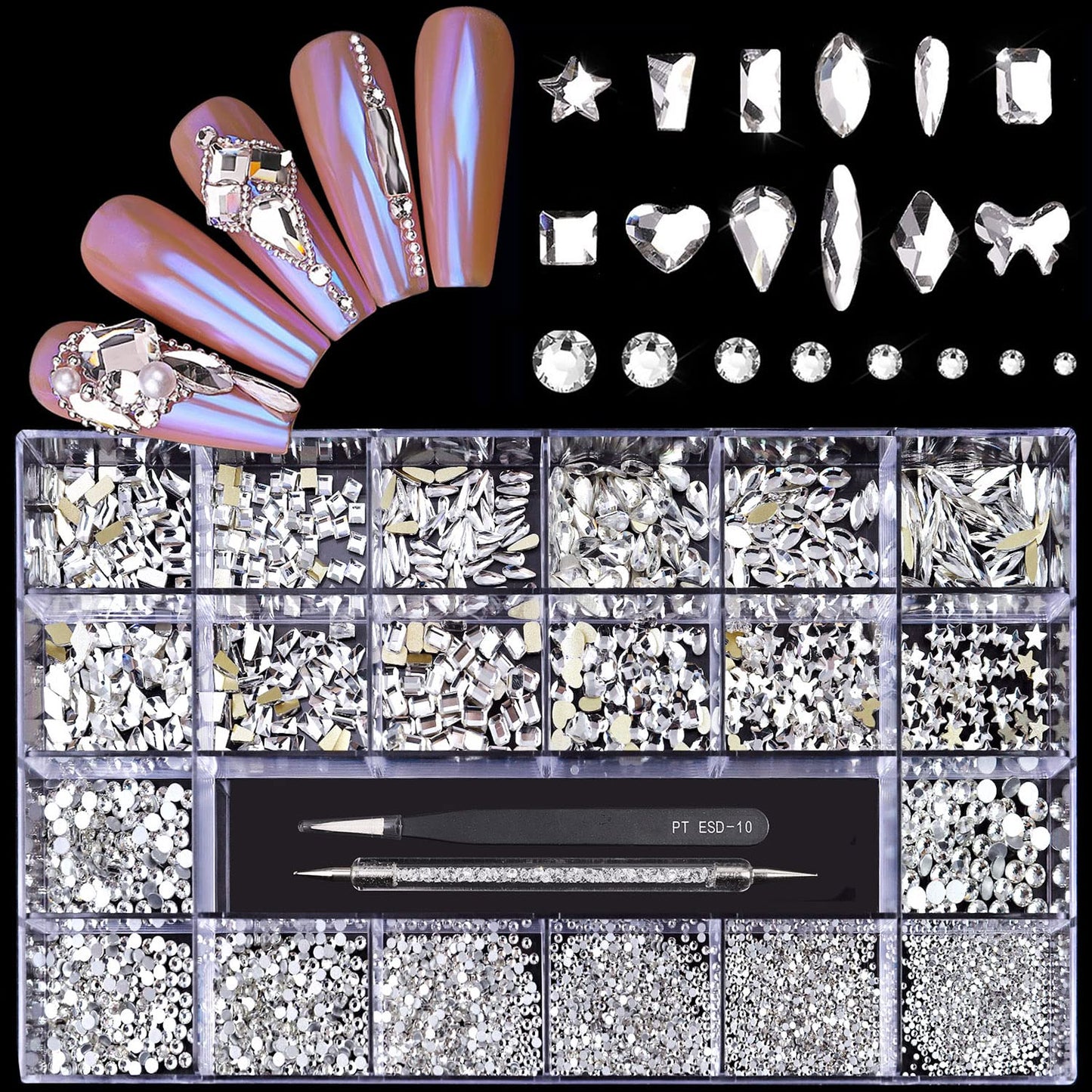Yzzseven 12 Types of 600 White Diamonds + 2500 Flat Rhinestones Mix 20 Styles Flatback DIY Crafts Rhinestone Crystals 3D Ornament‌s Flat Back Stones Set + Tweezers + Drill Pen