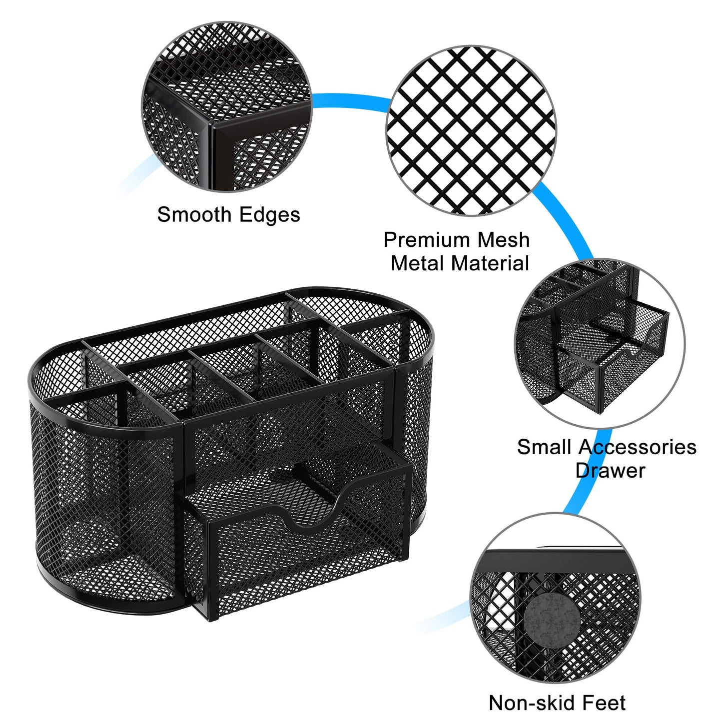 EasyPAG Mesh Pen Holder Desk Organizer with Drawer Stationery Supplies Organizer for Dorm School 9 Compartments Workspace Desk Accessories Organization for Office, Black