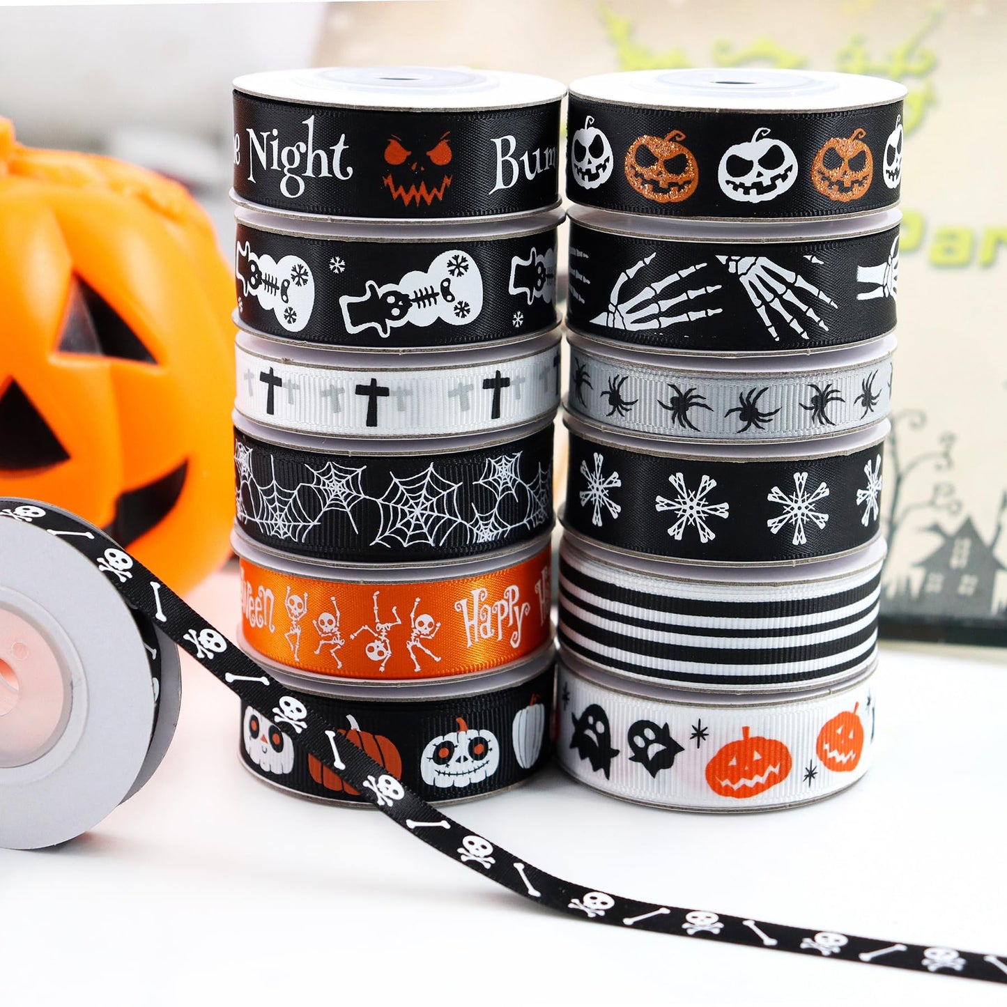 13 Rolls 65 Yards Halloween Ribbon Spider Skull Gnome Pumpkin Ribbons Halloween Printed Ribbon Gift Wrapping Home Wreath DIY Craft Party Decoration