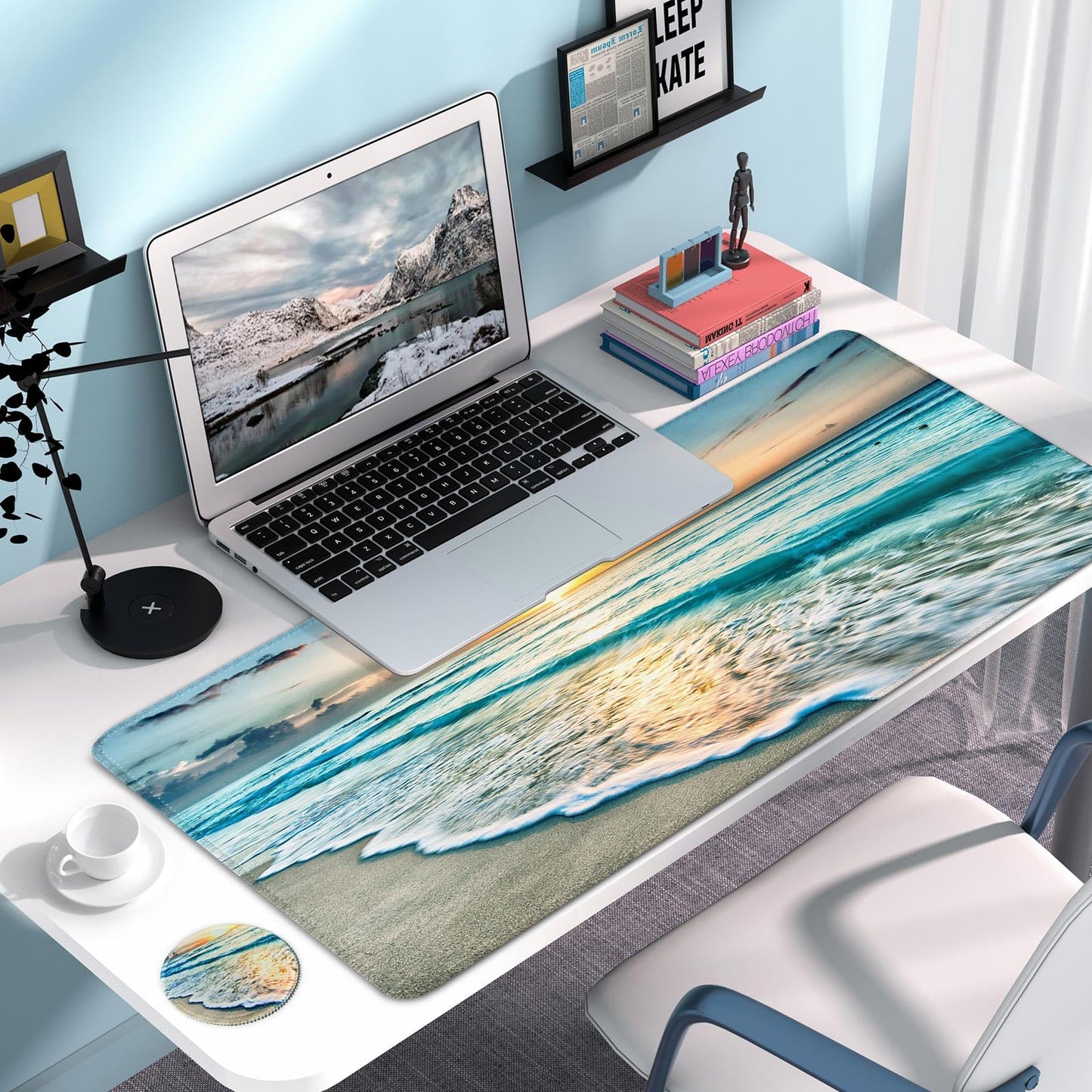 Large Gaming Mouse Pad with Coaster, Desk Matt for Desktop, Desk Pad, Mouse Pads Mat, Stitched Edges Big Extended Mousepad for Computer Keyboard Laptop Office Decor, 31.5'' x15.6''-Beach