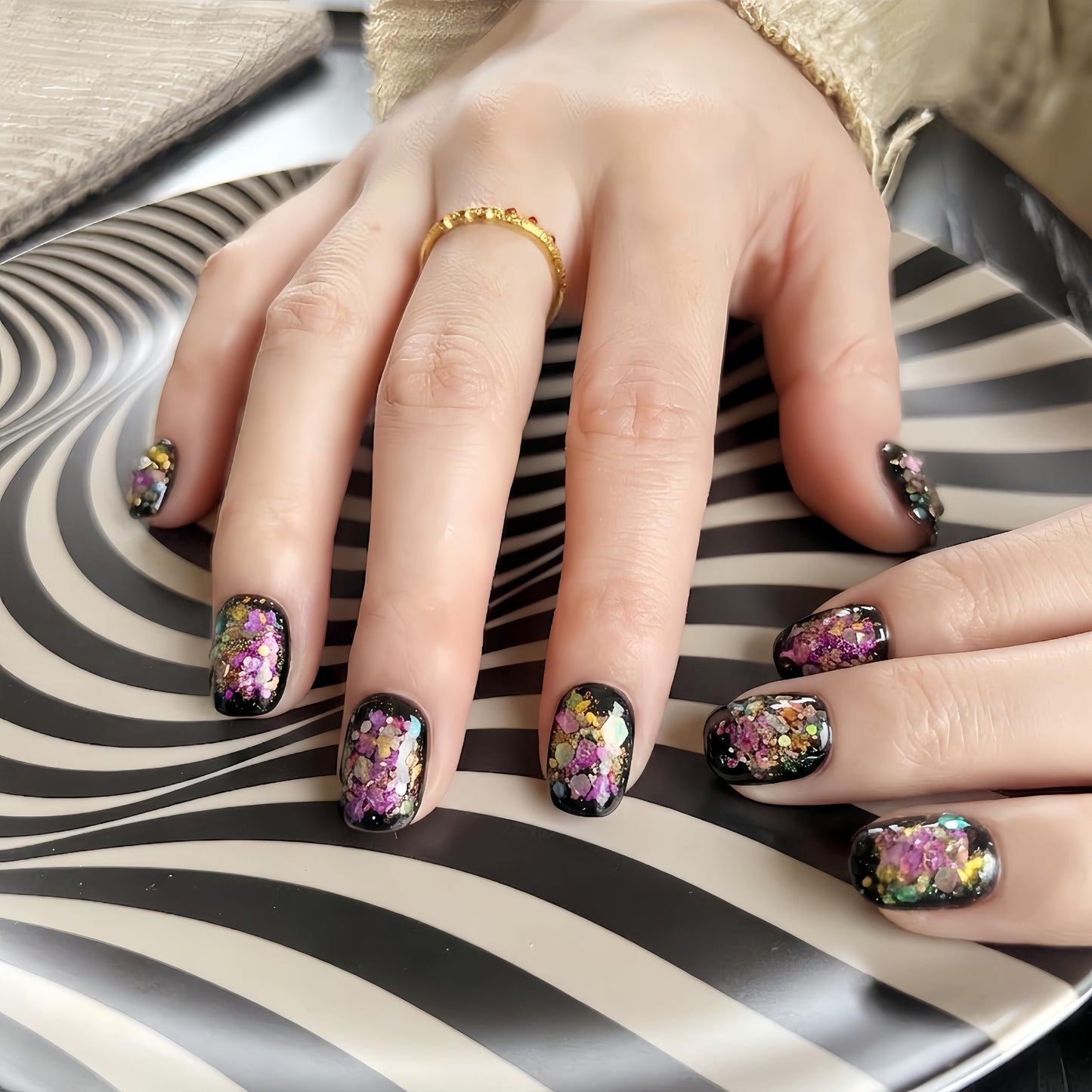 Fine Point Handmade Press-On Nails 10 PCS, Black Prism Short Squoval Nails, Iridescent Aurora Opal Foil Flake Glitter on Jet Black, Glossy Glass Shine Reusable, All Inclusive Kit (Size Medium)