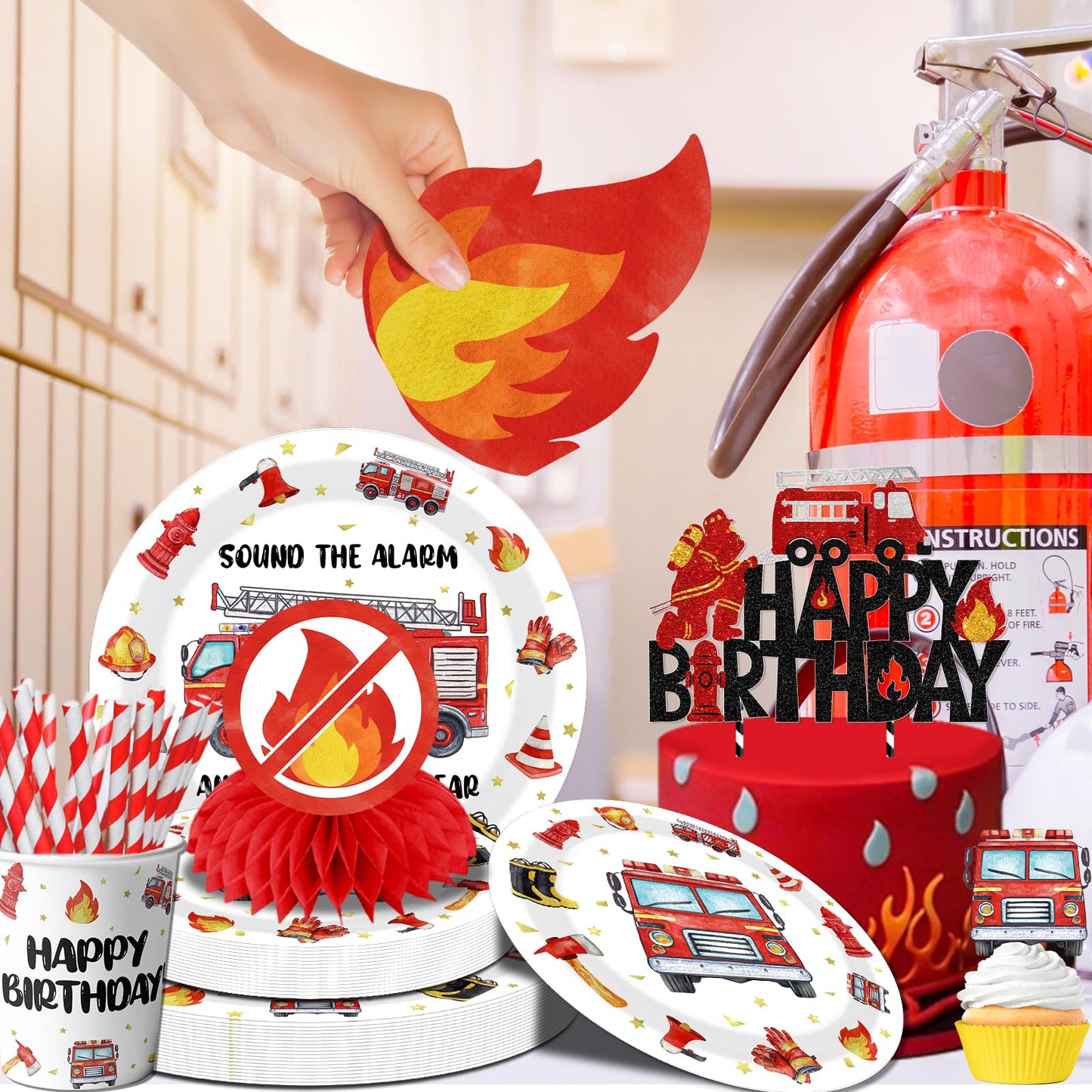 219pcs Firetruck Birthday Decorations Tableware Include Fire Truck Plates and Napkins Set, Cups, Banner, Hanging, Tablecloth, Cake Topper, Cupcake Topper for Firefighter Party Decorations Serve 24