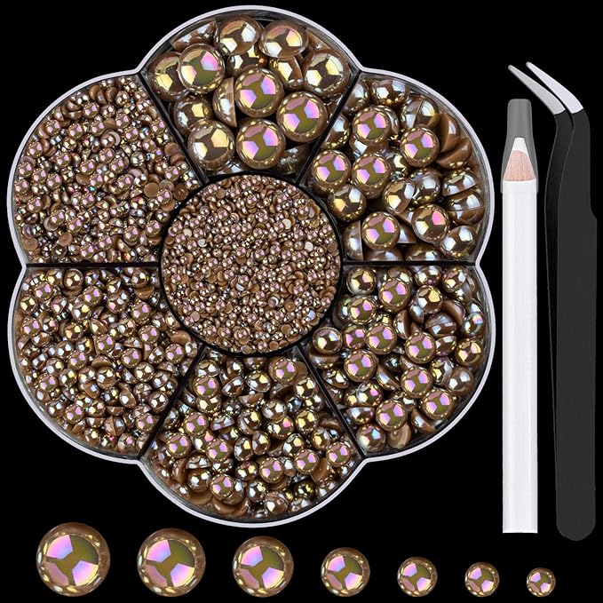 Nail Art Flat Back Half Round Pearl Kits 33, 1 Box of 6000 Pcs Flat-Back Brown AB Pearl with Tweezer and Picker Pencil for Home DIY Nails Body Face Craft and Salon Use
