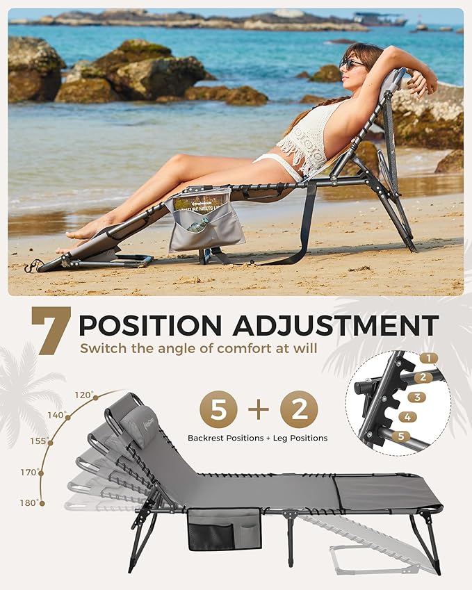 KingCamp Tanning Chair with Face Hole, Lounge Chairs Outdoor Folding Comfy Adjustable 5-Position Foldable Chaise Chaser with Canopy Shade for Outside Beach Patio Sun Bathing Pool, Grey
