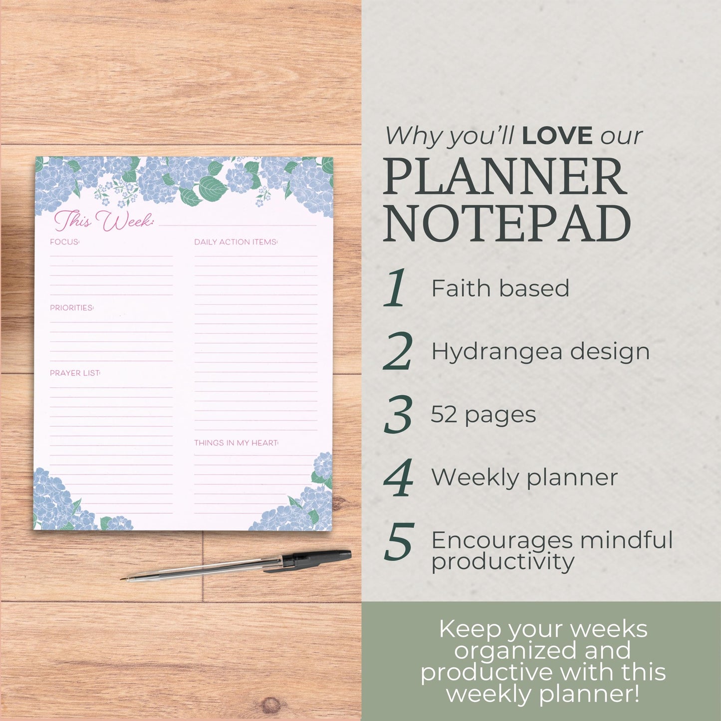 Steel Mill & Co 10" x 7.75" Planner Notepad, Faith-Based Undated Weekly Planner with 52 Sheets, Guided Prompts for Focus, Priorities, Prayers & Daily Actions, Desk Pad Organizer for Women (Blue Hydrangeas)
