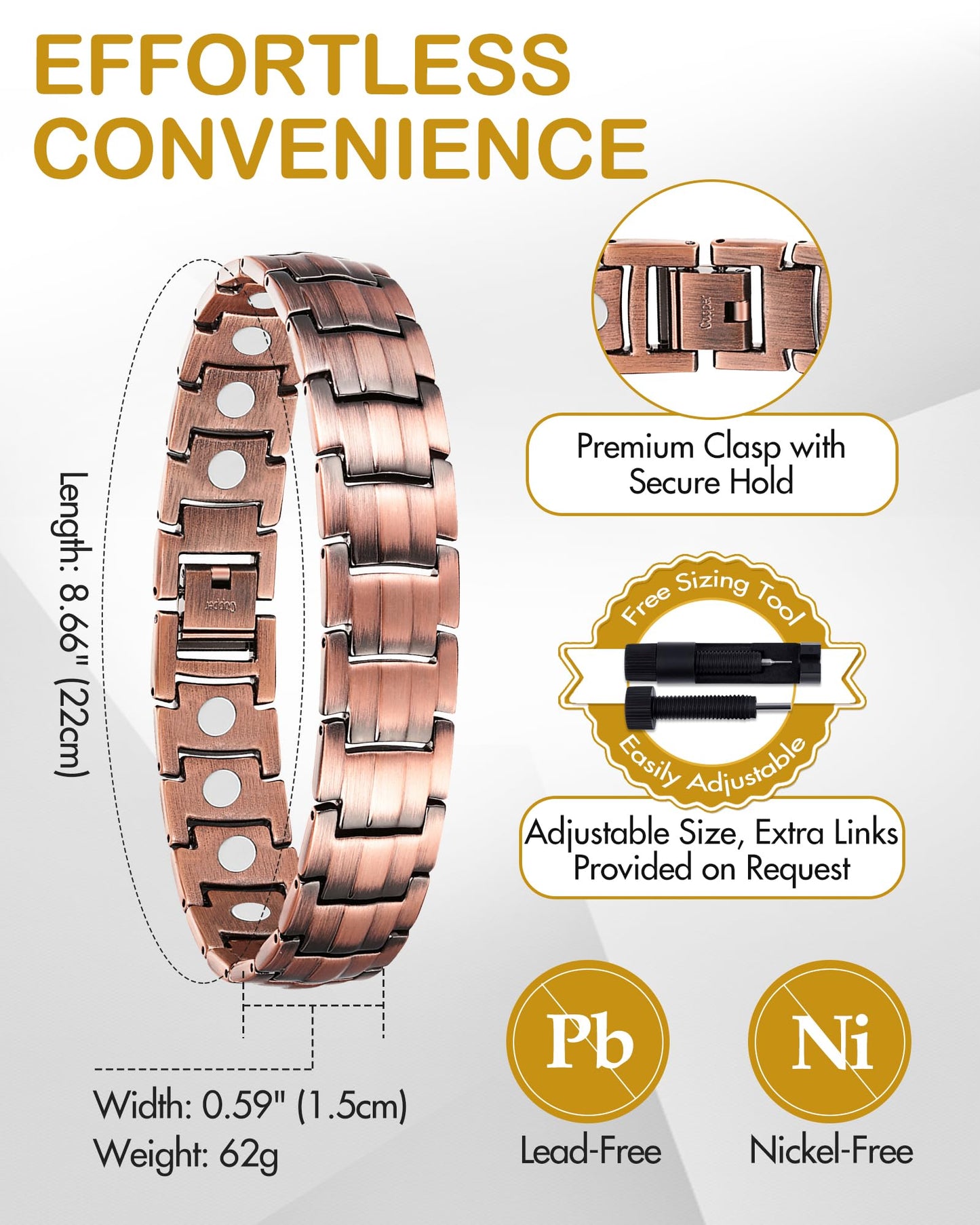Feraco Copper Bracelet for Men-Magnetic Bracelets 99.99% Pure Copper Jewelry Gift with Adjustable Sizing Tool, Magnetic Field Therapy Jewelry