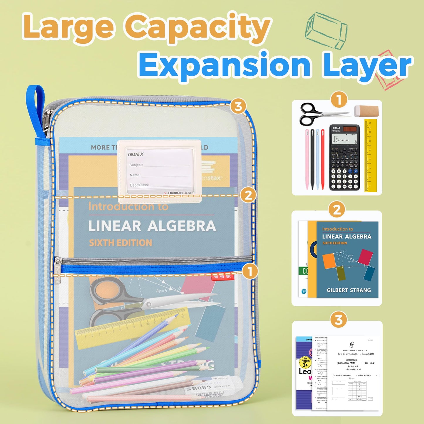 Pendancy Mesh Zipper Pouch 14.8x10.8 in Transparent Lightweight Nylon File Folders, A4 Size Multi-layer Subject Document Organizer Accessories Storage bag for Office and School Supplies(Blue)