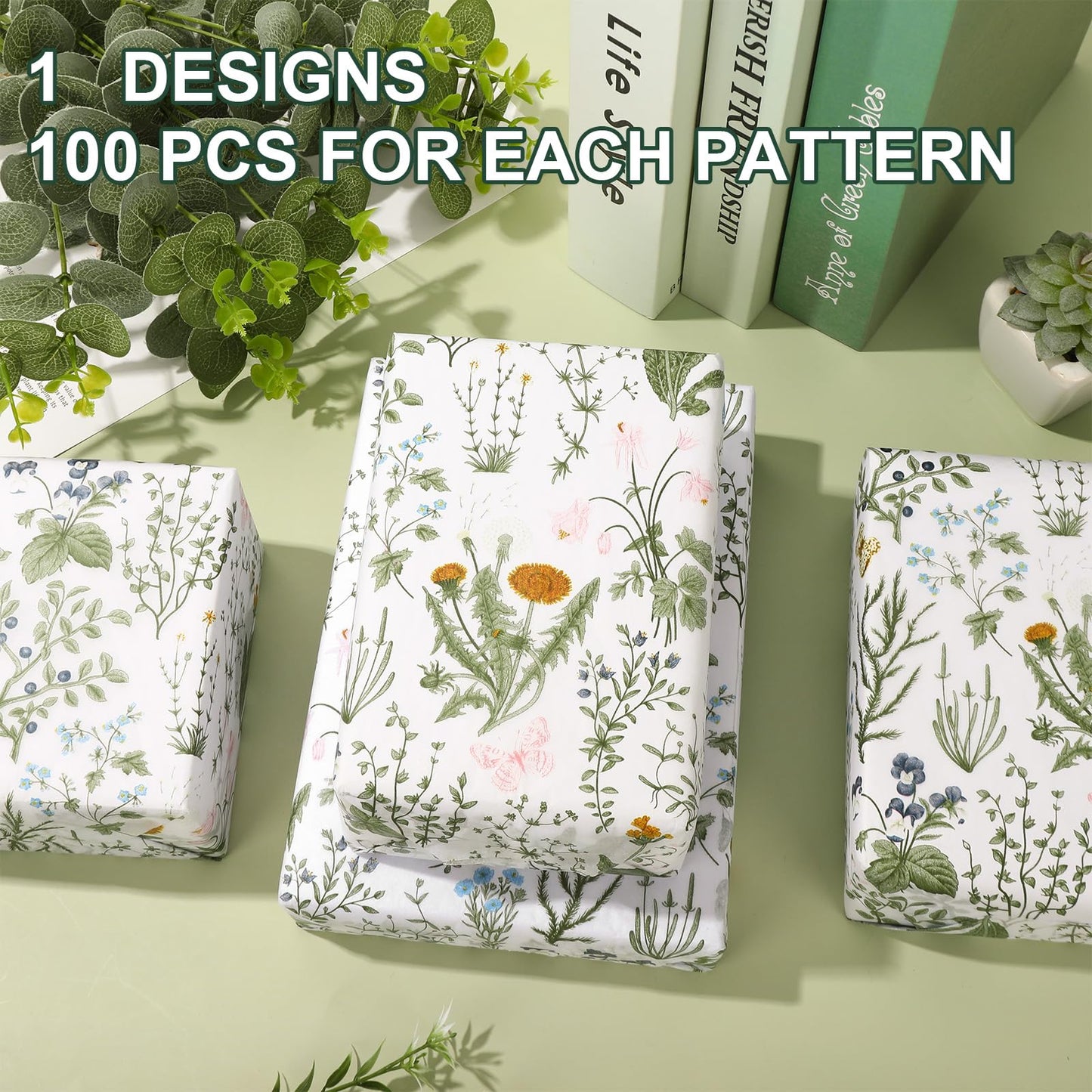 JarThenaAMCS 100 Sheets Vintage Wildflower Tissue Paper Wild Floral Art Tissue Spring Wrapping Paper for Birthday Wedding DIY Crafts Gift Packing, 20 x 14 Inch
