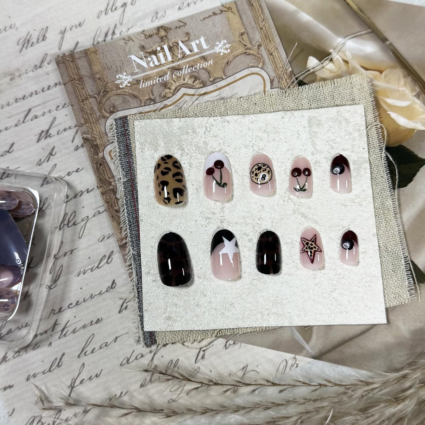 IMSOHOT Press on Nails Short Oval Fake Nails Brown Leopard Print False Nails with Cherry, Billiard Ball Design Full Cover Glossy Stick on Nails for Women