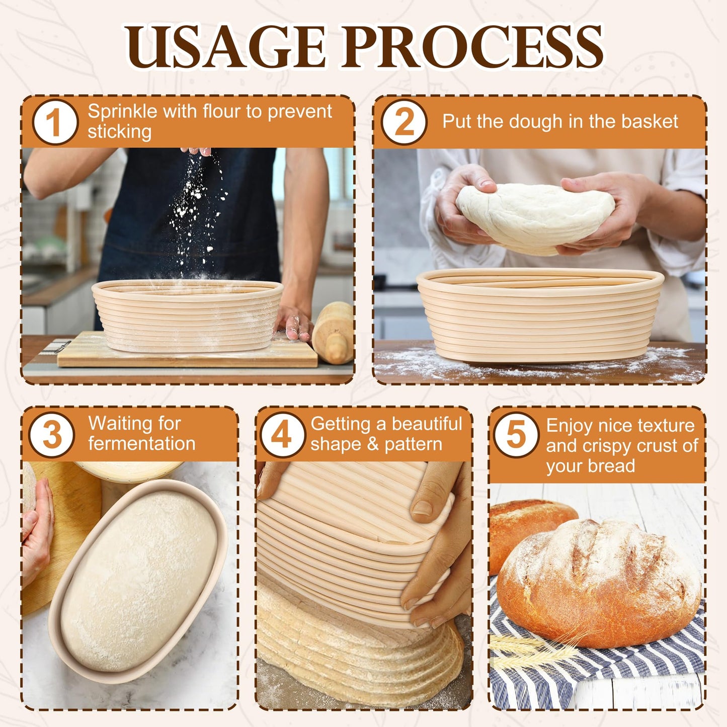 P&P CHEF Sourdough Bread Proofing Basket Set of 2, 10 Inch Oval Dough Proofing Bowls, Sourdough Bread Baking Supplies for Bakers, Handmade Rattan Baskets with Cloth Liner