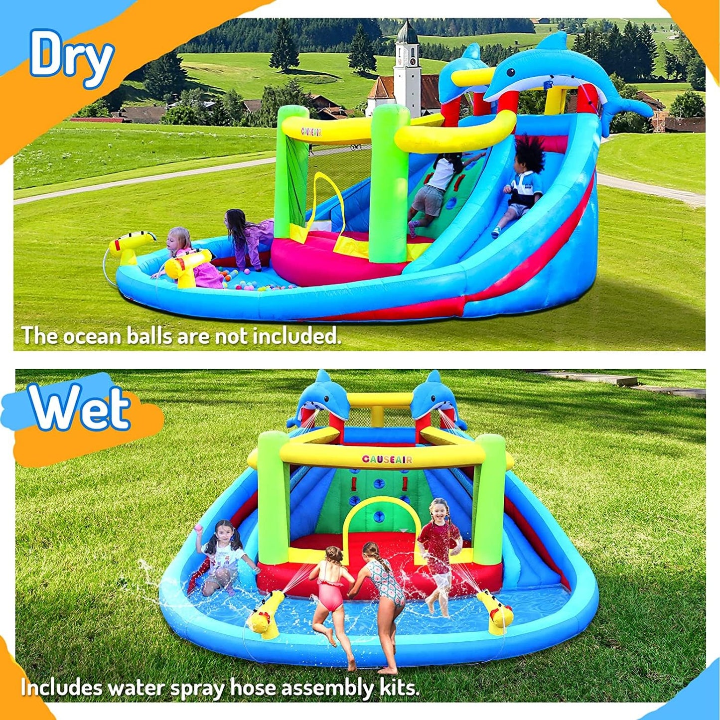 Causeair Inflatable Bounce House with Slide,Dolphin Styling,Splashing Pool,Double Water Cannon,Climbing Wall,Heavy Duty GFCI Blower,Inflatable Water Park Slide for Kids Backyard Summer