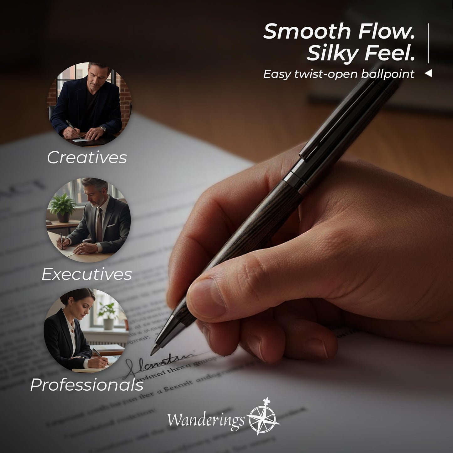 WANDERINGS Ballpoint Pen with German Ink – Beautifully Balanced for a Smooth Writing Experience - Light Brown and Real Wood Barrel - Includes 2 Refills in a Presentation Case