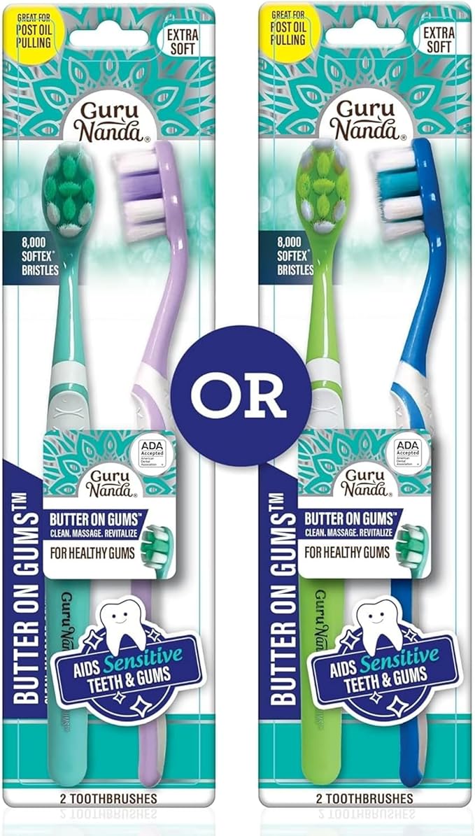 GuruNanda Butter On Gums Toothbrush, ADA Accepted, with 8000+ Ultra Soft Softex Bristles for Sensitive & Receding Gums, Perfect for Whiter Teeth, 2 Ct