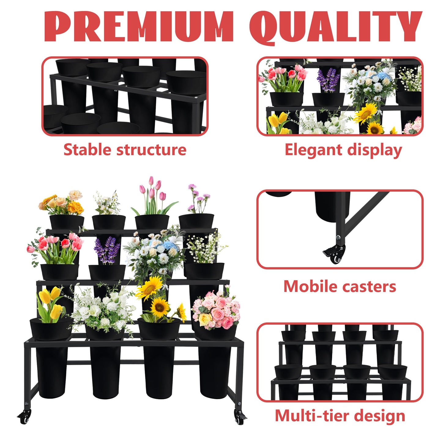 PROLEE Flower Display Stand with 12 Buckets, Flower Stand Metal with Wheels, Flower Cart 3 Layers, Flower Stand Metal with Wheels, Moving Florist Bouquet Shelf, Rectangular Rack (Black)