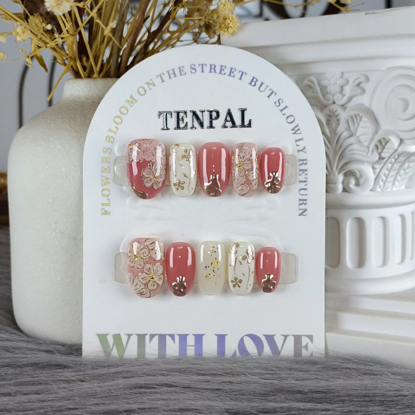 TENPAL Short Oval Press on Nails,Peach Yogurt Base Glue on Nails,Hand-Painted Cloisonné Florals False Nails Press ons,Artisan Chinese Style Fake Nails Kit,Enamel Wire Inlay Nail Art Tools 10pcs(S)
