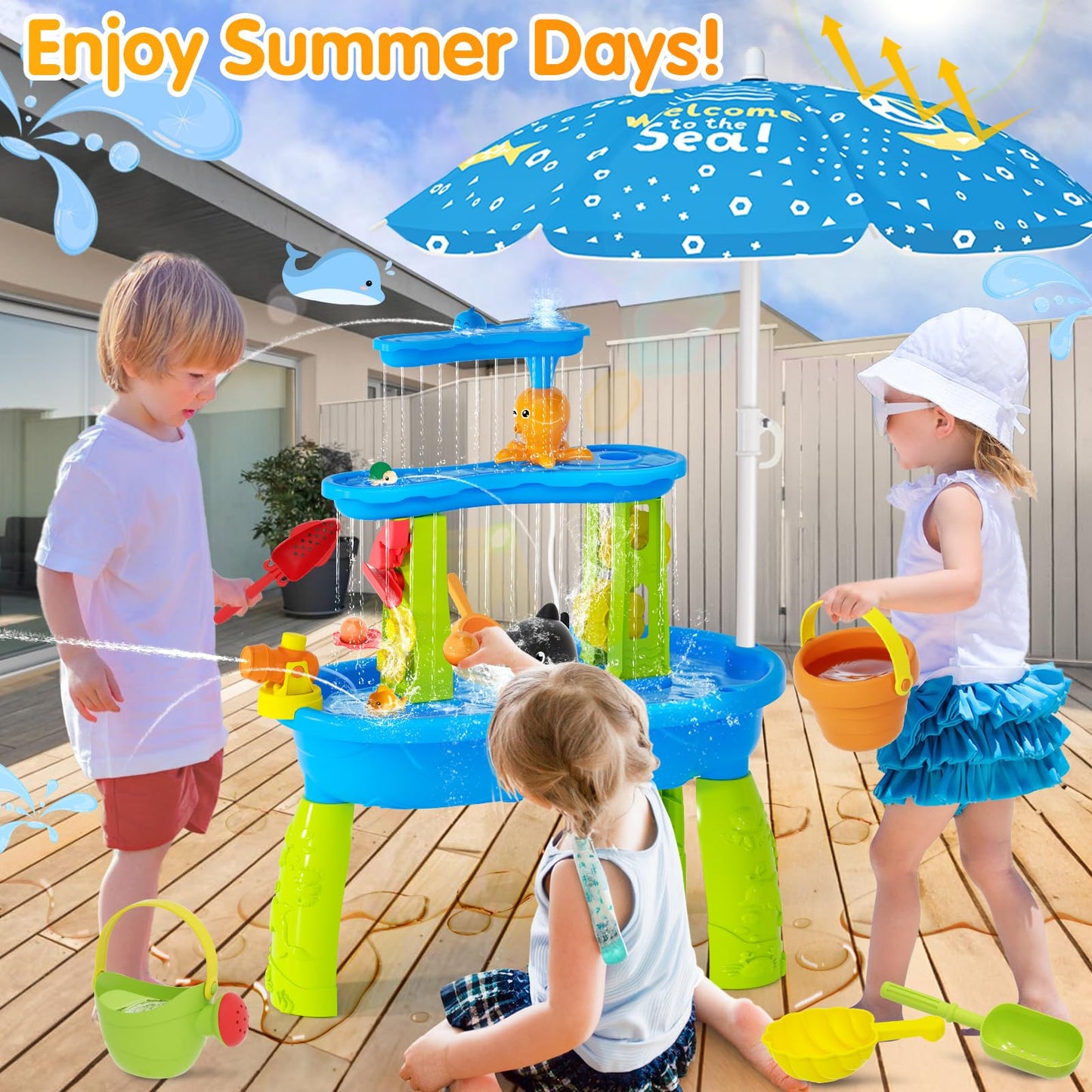 Water Table for Toddlers 3-5, 3-Tier Auto Water-Absorbing Kids Sand Water Table with Water Pump & Umbrella Splash Pond Toy, Activity Sensory Play Table Toys for Outdoor Pool Beach Backyard Summer