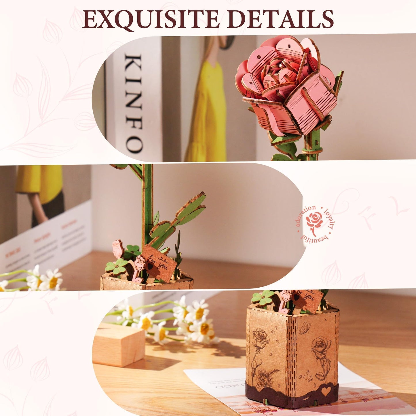 ROBOTIME 3D Wooden Flower, Pink Rose TW041 DIY Craft Kit for Adults, Artificial Floral Decor for Table, Centerpiece, Gift for Women