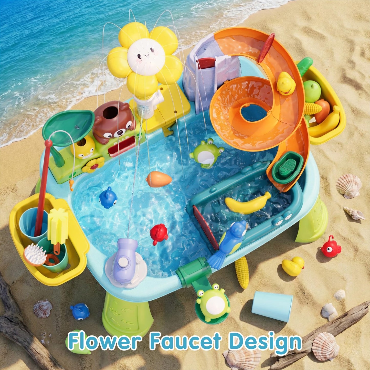 2026 New Kids Sand & Water Table Toys for Toddlers, Multifunctional Play Kitchen Sink with Fishing Game, Spray Function,Kitchen Toys, 360° Electric Faucet,Summer Indoor Outdoor Gifts for Boys Girls