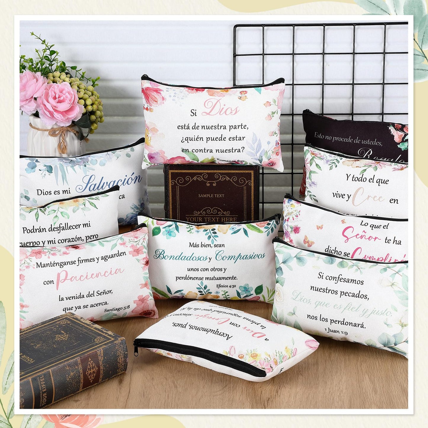 Abbylike 40 Pcs Christian Gift for Women Include 20 Bible Verse Makeup Bags 20 Christian Compact Mirrors Inspirational Religious Scripture Gift for Mom Sister Birthday Christmas(Spanish Style)