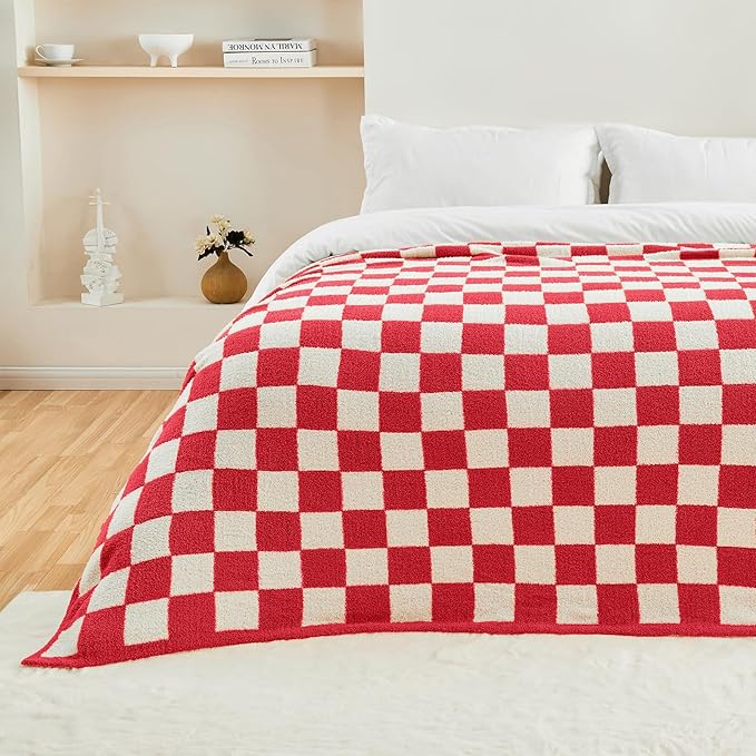 CozeCube Checkered Blanket, Ultra Soft Cozy Christmas Red and White Throw Blanket, Warm Cozy Knit Fuzzy Plush Checkerboard Throw for Couch Bed Sofa, 60"x80"