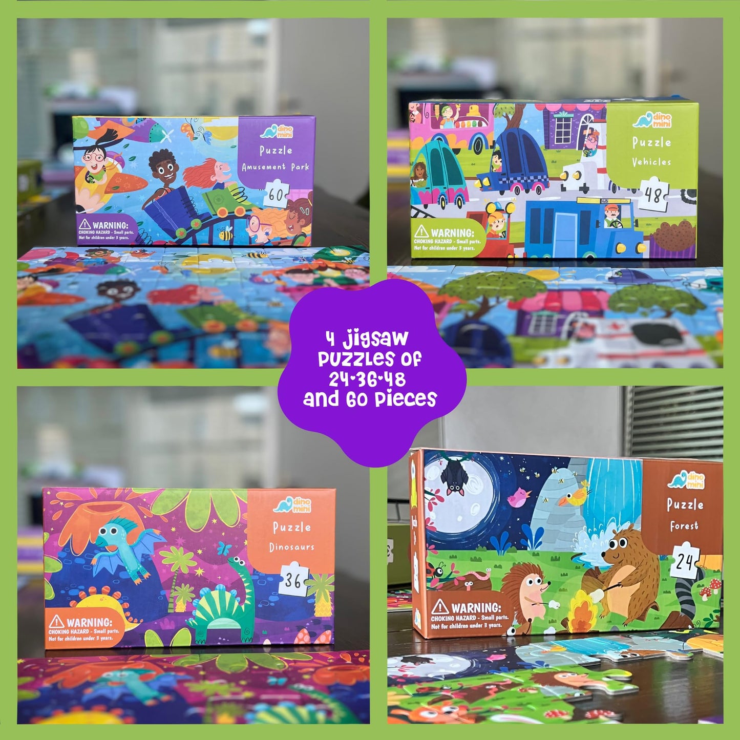 Dinomini Floor Puzzles for Toddlers 4-in-1 Value Pack - 4 x Puzzles for Toddlers 2-4 - 24, 36, 48 & 60 Pieces - Preschool Learning Activities - Learning & Educational Toys