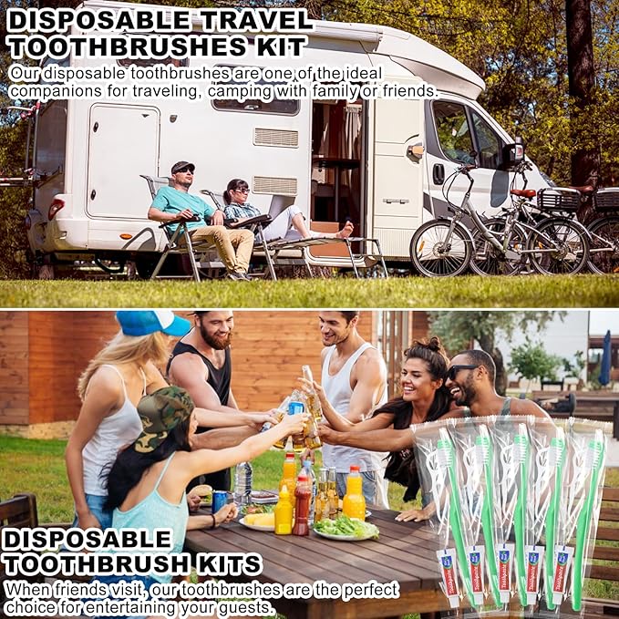 Disposable Toothbrushes with Toothpaste and Floss,30Pcs Green Single Use Individually Wrapped Disposable Travel Toothbrushes and Dental Floss Kit Bulk for Homeless,Airbnb,Hotel,Dentist