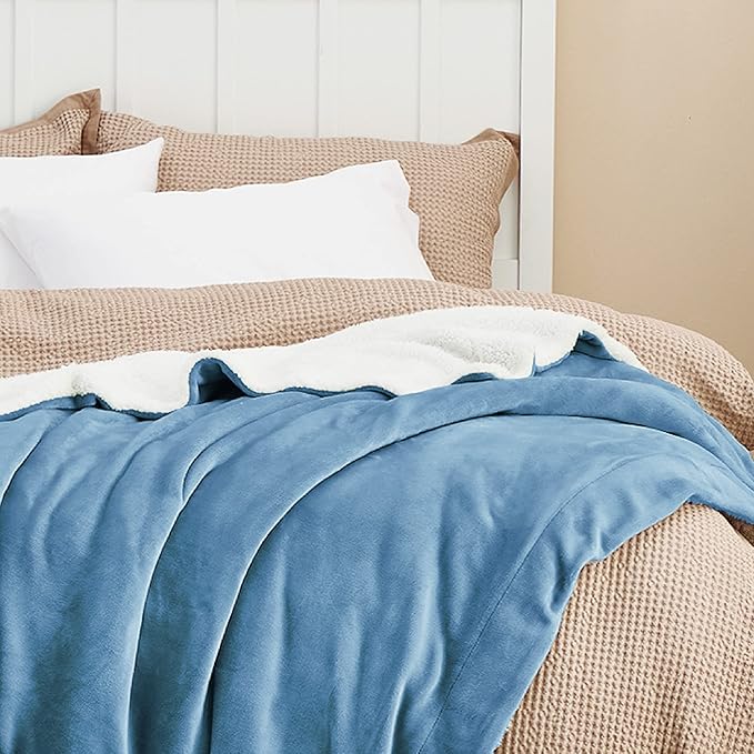 Bedsure GentleSoft Sherpa Fleece Blankets Queen Size for Bed - Thick and Warm, Soft Fuzzy Plush Queen Blanket for Winter, Washed Blue, 90x90 Inches