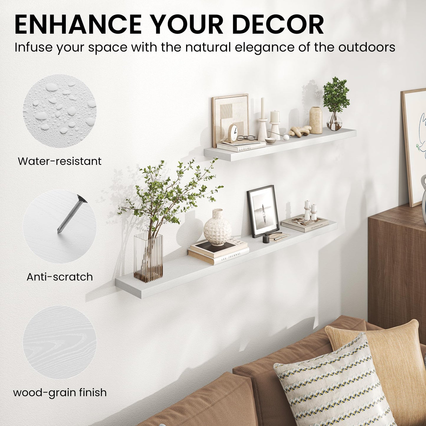 Heimlove 24 Inch Floating Shelves for Wall,Mounted Storage Wood Shelves with Invisible Brackets Hanging Shelf for Bedroom,Living Room,Kitchen,Office,Set of 2,White