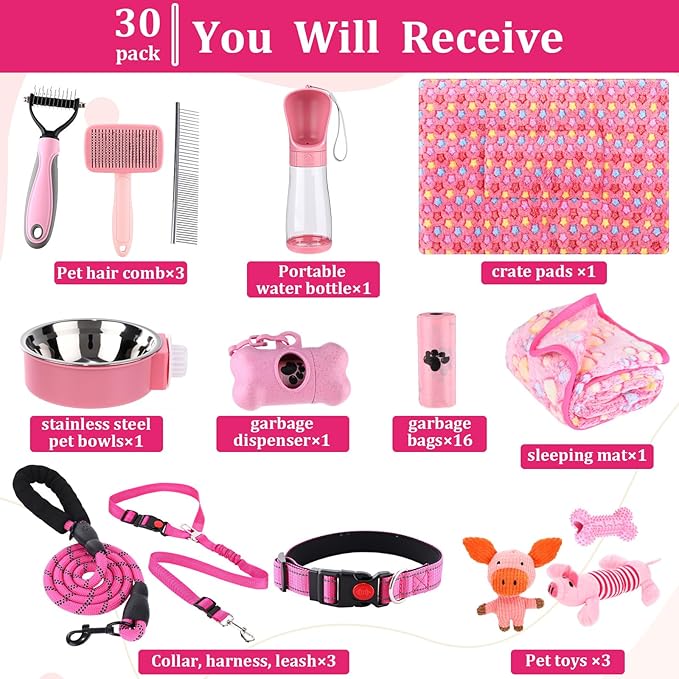 PullCrease 30 Pcs Puppy Starter Kit No Pull Harness Set, Pink, Pig