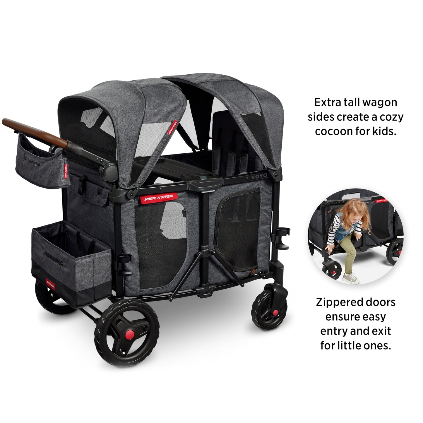 Radio Flyer Voya XT Quad Stroller Wagon, for Ages 6+ Months, Extra Tall Sides, Push or Pull, 4 Seats, Dual Sun Canopies, Compact Fold, Storage Space, 5-Point Harnesses, Stroller Wagon for Kids