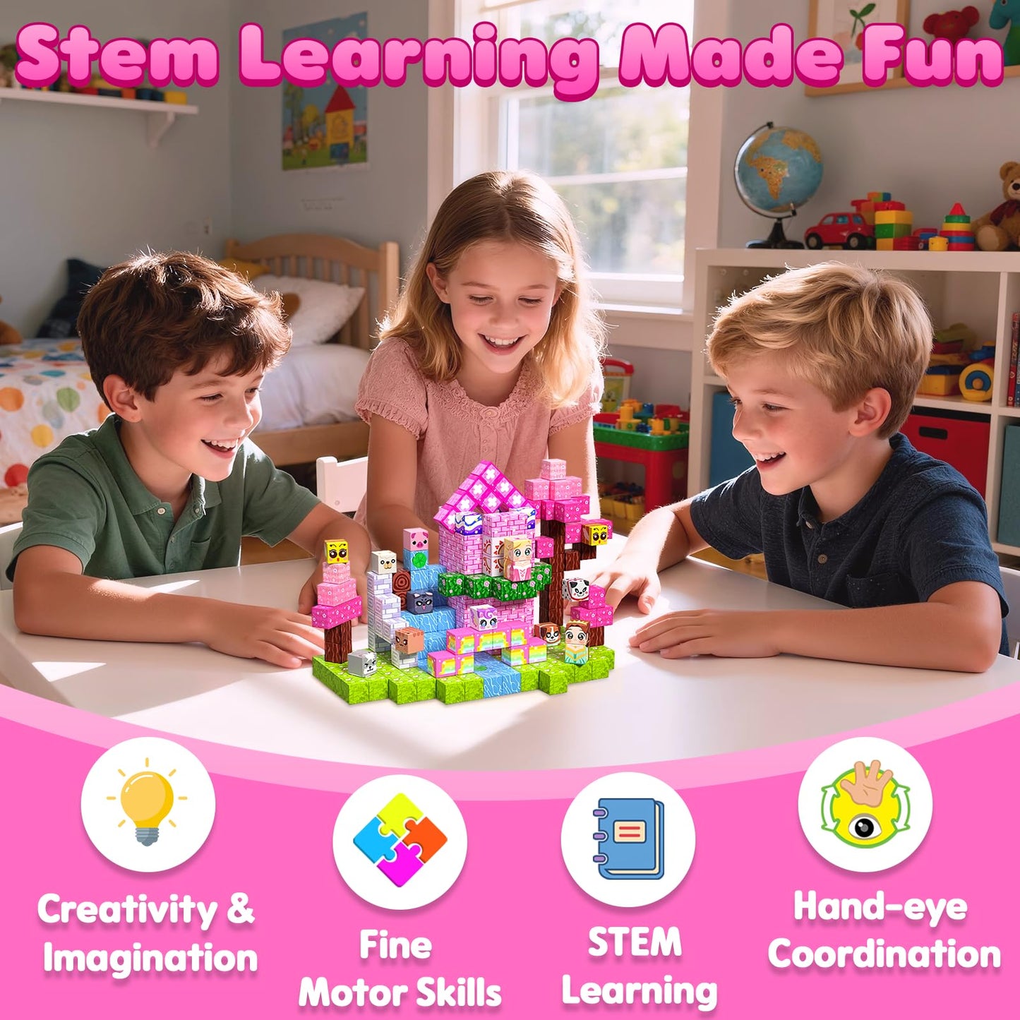 SSAWER Magnetic Blocks, 100PCS Magnetic Building Blocks, Stacking Magnets for Kids, Sensory Toy for STEM Constructions Magnet Blocks for Girls Age 3+, Christmas Birthday Gifts